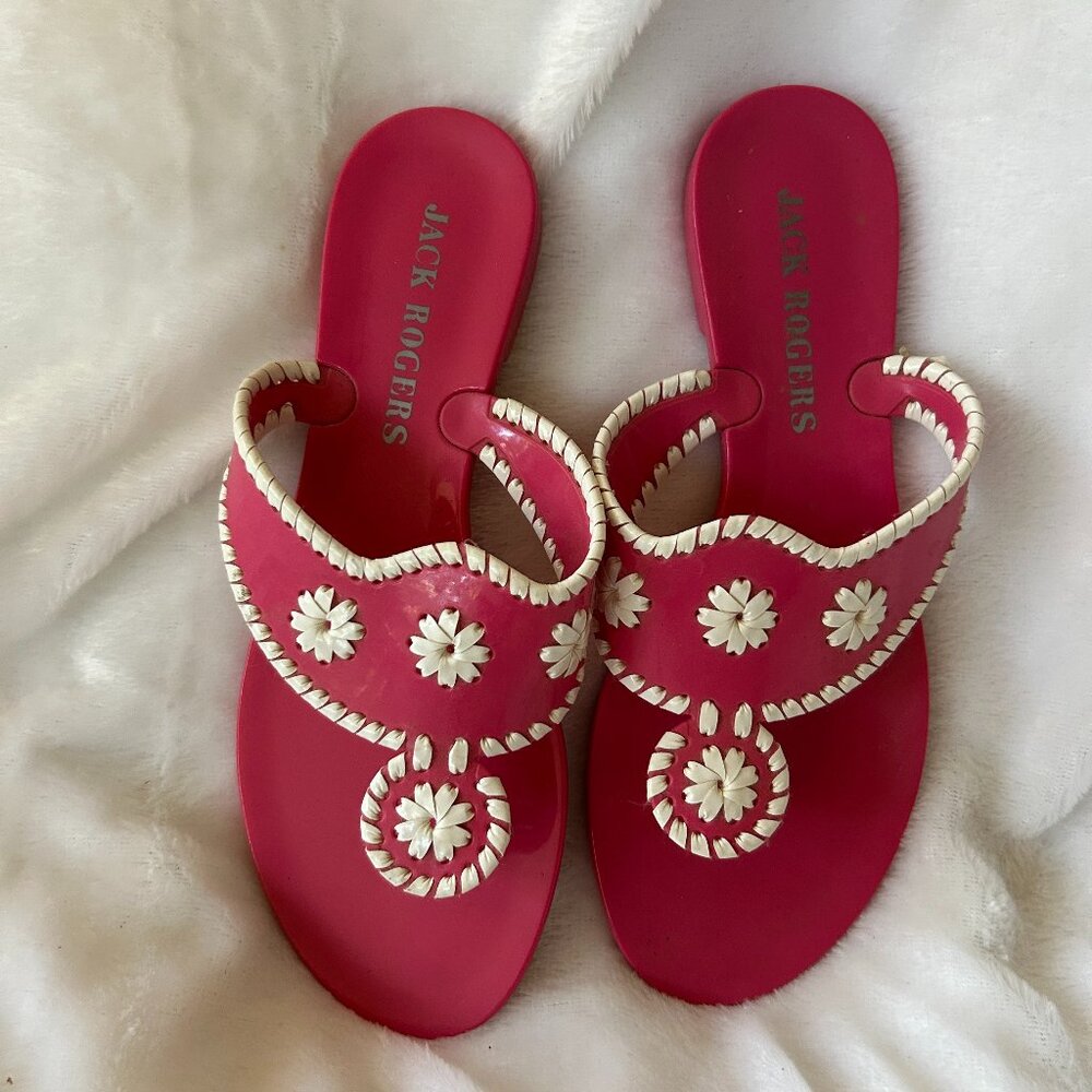 Jack Rogers Jelly Thong Sandals Womens 6 Pink White Whipstitch Cottagecore Boho